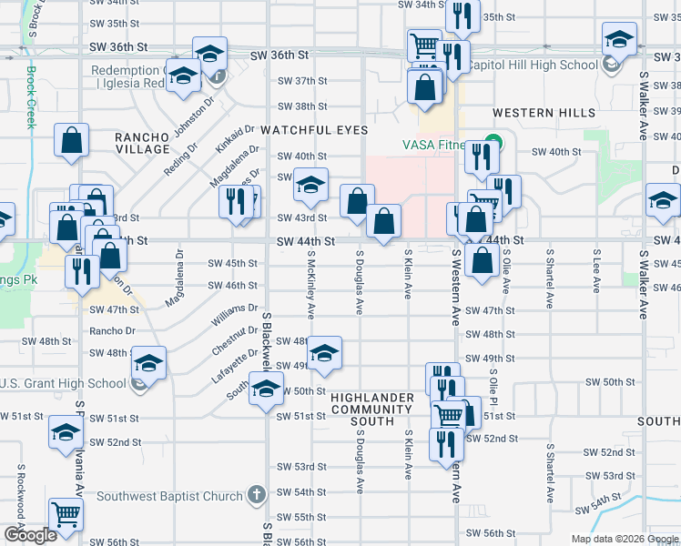 map of restaurants, bars, coffee shops, grocery stores, and more near 1124 Southwest 45th Street in Oklahoma City