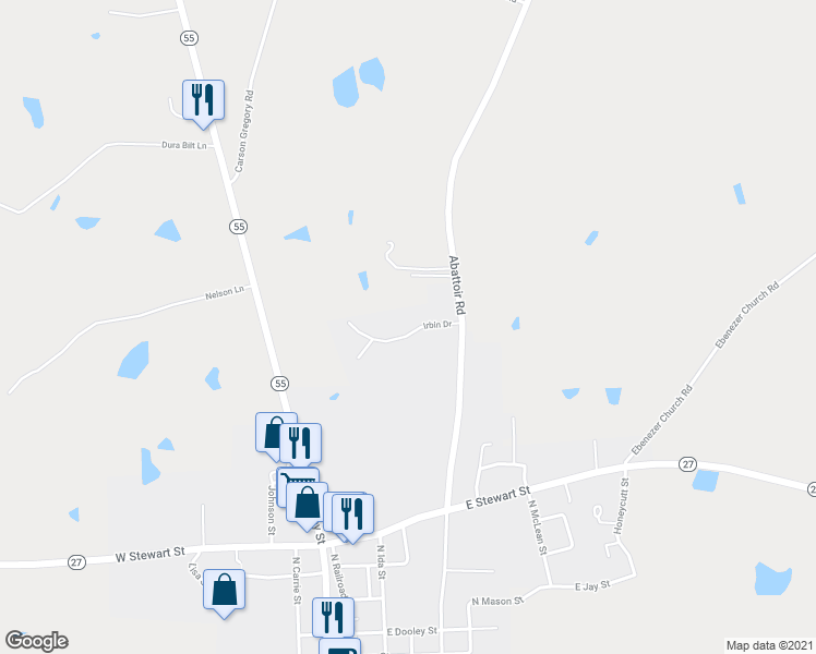 map of restaurants, bars, coffee shops, grocery stores, and more near 124 Irbin Drive in Coats