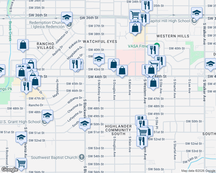 map of restaurants, bars, coffee shops, grocery stores, and more near 1124 Southwest 45th Street in Oklahoma City