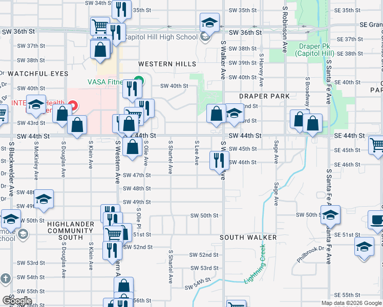 map of restaurants, bars, coffee shops, grocery stores, and more near 608 Southwest 45th Street in Oklahoma City