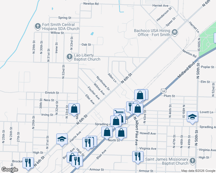 map of restaurants, bars, coffee shops, grocery stores, and more near 3619 Northview Drive in Fort Smith