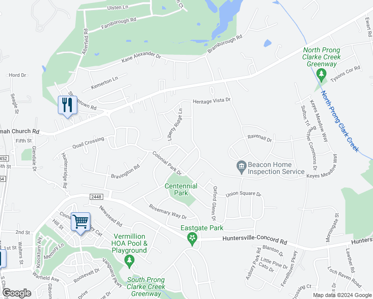 map of restaurants, bars, coffee shops, grocery stores, and more near 13527 Provincial Court in Huntersville