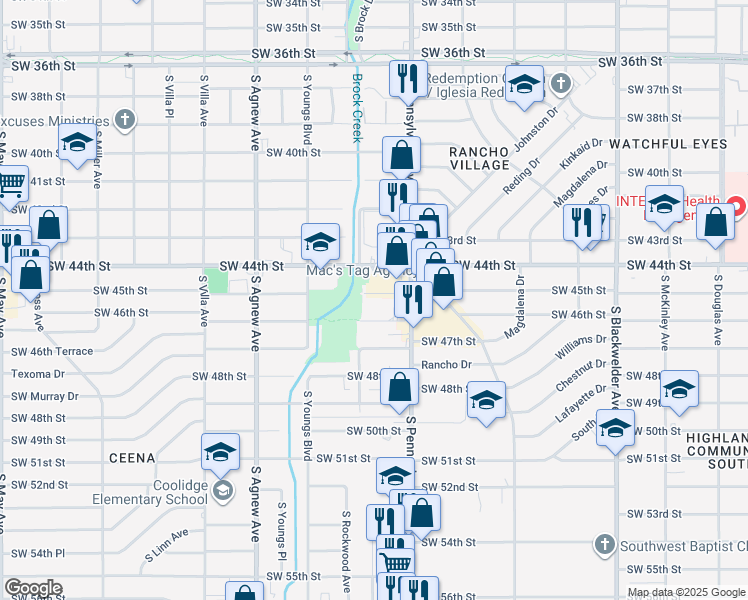 map of restaurants, bars, coffee shops, grocery stores, and more near 2134 Southwest 45th Street in Oklahoma City
