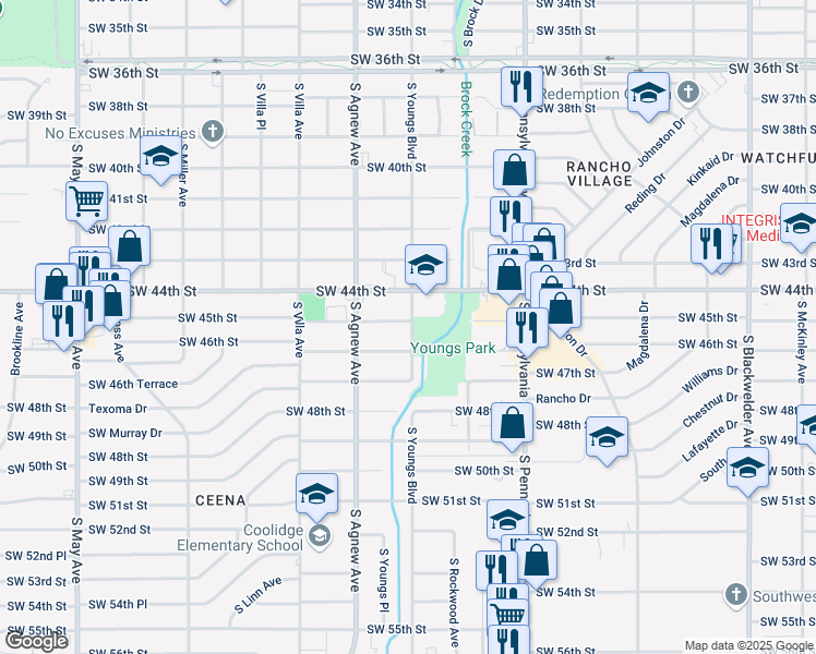 map of restaurants, bars, coffee shops, grocery stores, and more near 2300 Southwest 45th Street in Oklahoma City