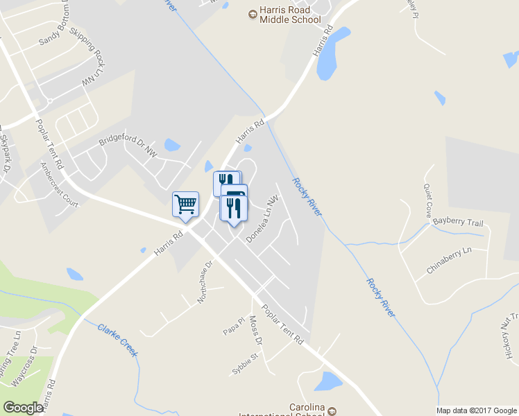 map of restaurants, bars, coffee shops, grocery stores, and more near 9909 Violet Cannon Drive NorthWest in Concord