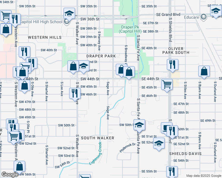 map of restaurants, bars, coffee shops, grocery stores, and more near 204 Southwest 45th Street in Oklahoma City
