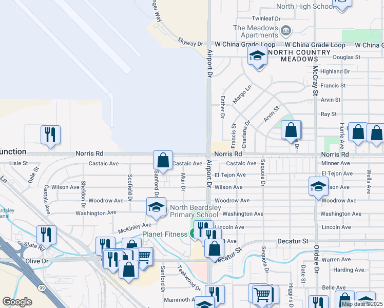 map of restaurants, bars, coffee shops, grocery stores, and more near 962 Norris Road in Bakersfield