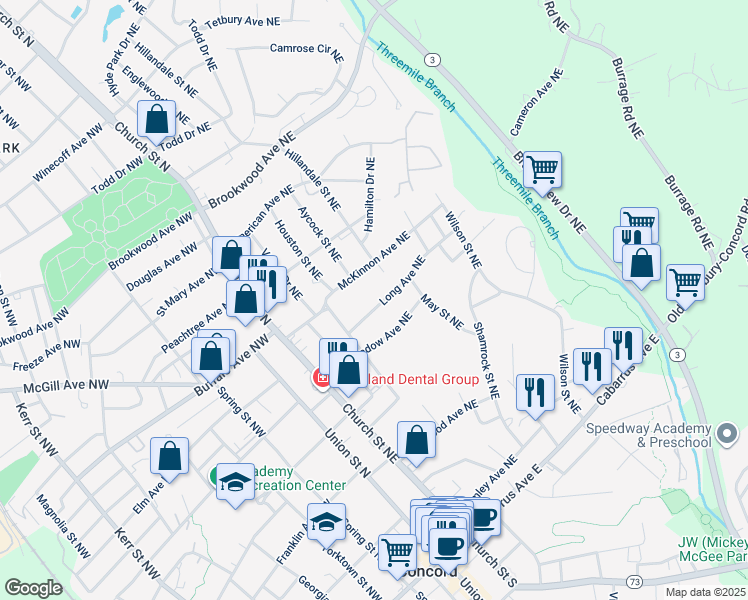 map of restaurants, bars, coffee shops, grocery stores, and more near 101 Long Ave NE in Concord
