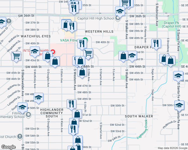 map of restaurants, bars, coffee shops, grocery stores, and more near 724 Southwest 45th Street in Oklahoma City