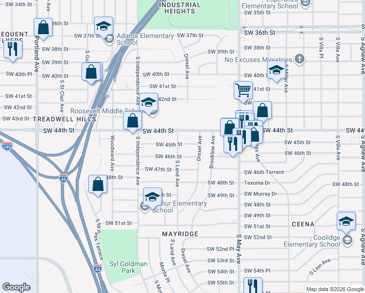 map of restaurants, bars, coffee shops, grocery stores, and more near 3128 Southwest 45th Street in Oklahoma City