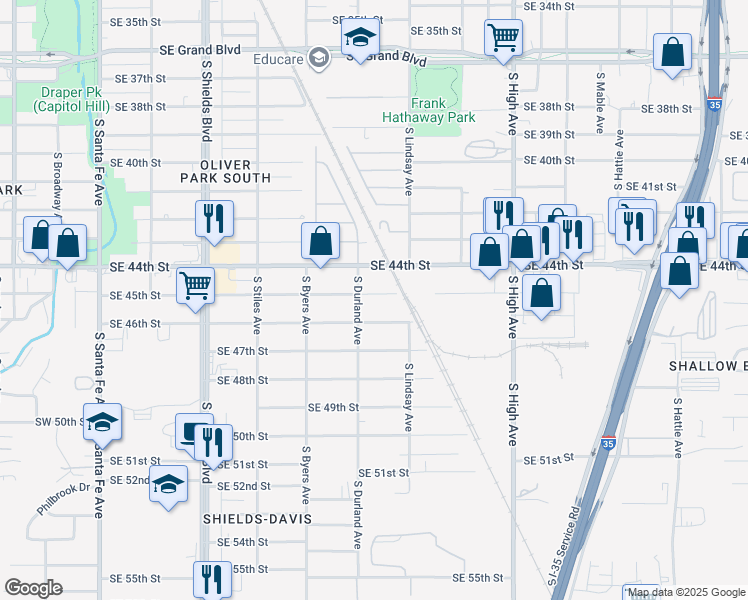 map of restaurants, bars, coffee shops, grocery stores, and more near 512 Southeast 45th Street in Oklahoma City