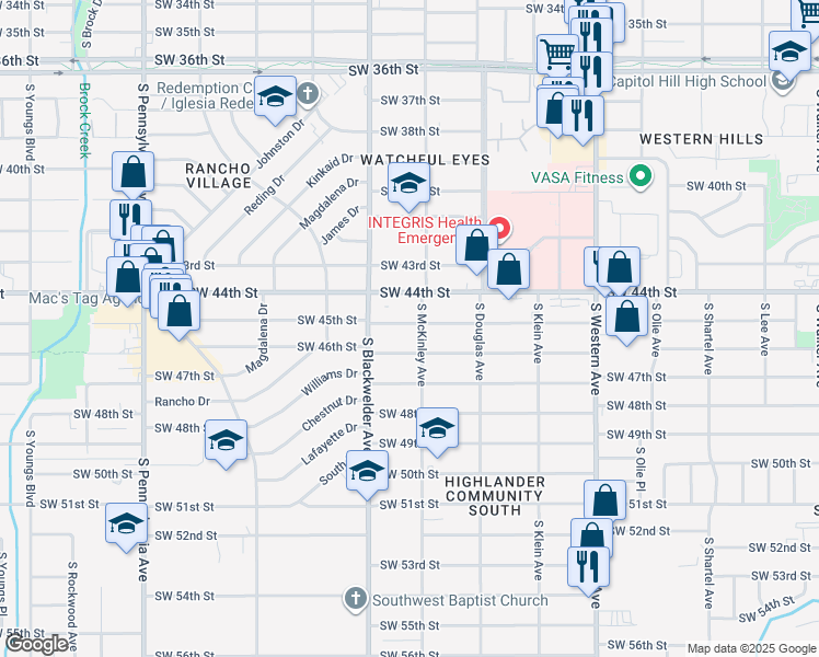 map of restaurants, bars, coffee shops, grocery stores, and more near 4601 South McKinley Avenue in Oklahoma City