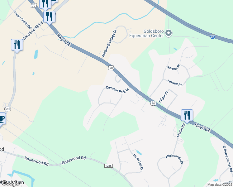 map of restaurants, bars, coffee shops, grocery stores, and more near 202 Camden Park Drive in Goldsboro