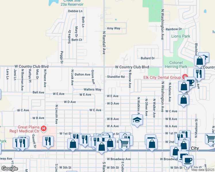 map of restaurants, bars, coffee shops, grocery stores, and more near 1000 North Randall Avenue in Elk City
