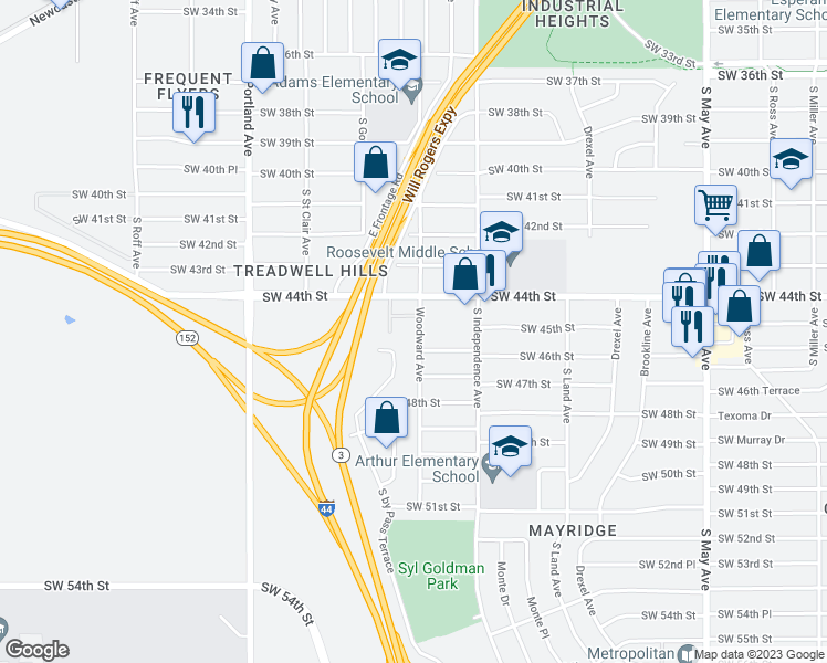 map of restaurants, bars, coffee shops, grocery stores, and more near 4539 Woodward Avenue in Oklahoma City