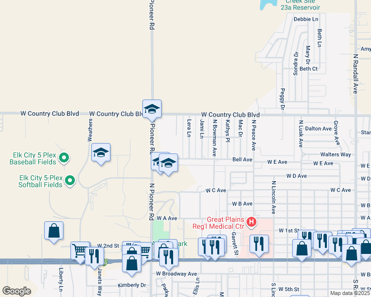 map of restaurants, bars, coffee shops, grocery stores, and more near 905 Lera Lane in Elk City