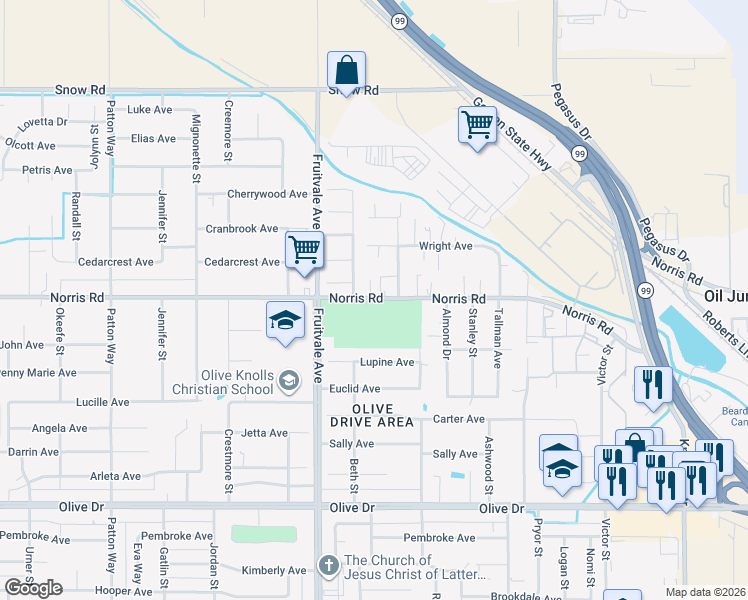 map of restaurants, bars, coffee shops, grocery stores, and more near 6204 Norris Road in Bakersfield