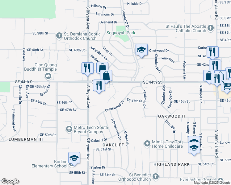 map of restaurants, bars, coffee shops, grocery stores, and more near 3312 Southeast 44th Street in Del City
