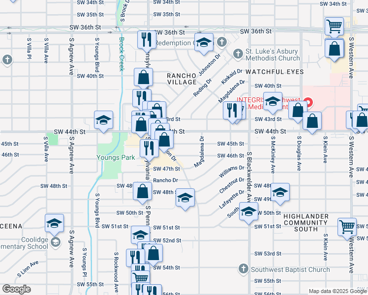 map of restaurants, bars, coffee shops, grocery stores, and more near 1532 Southwest 45th Street in Oklahoma City