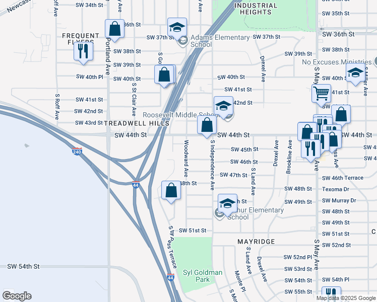 map of restaurants, bars, coffee shops, grocery stores, and more near 4514 Woodward Avenue in Oklahoma City