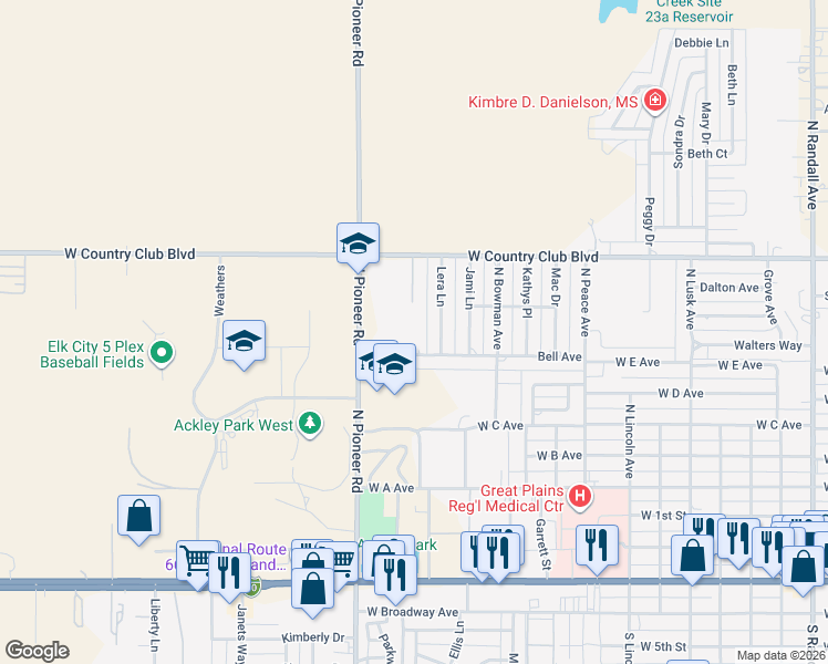 map of restaurants, bars, coffee shops, grocery stores, and more near 905 Lera Lane in Elk City