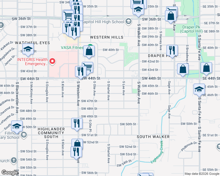 map of restaurants, bars, coffee shops, grocery stores, and more near 644 Southwest 45th Street in Oklahoma City