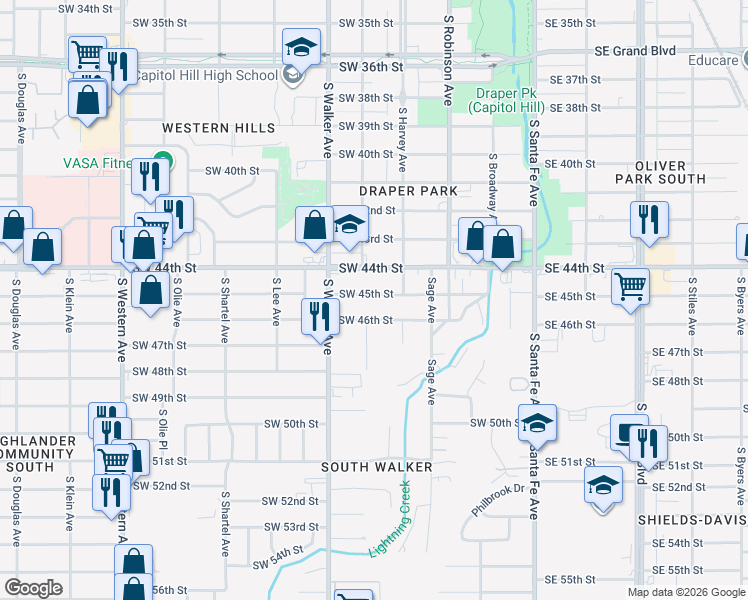 map of restaurants, bars, coffee shops, grocery stores, and more near 328 Southwest 45th Street in Oklahoma City