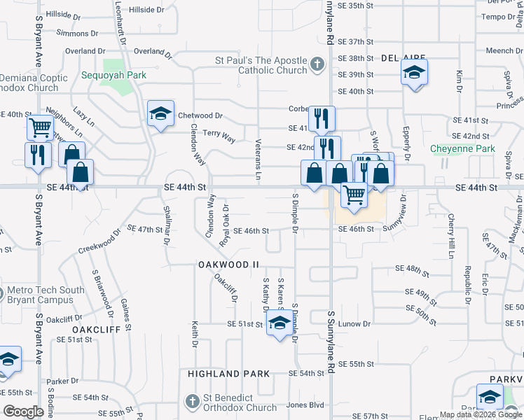 map of restaurants, bars, coffee shops, grocery stores, and more near 3917 Hiddleston Circle in Oklahoma City