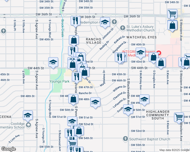 map of restaurants, bars, coffee shops, grocery stores, and more near 1532 Southwest 45th Street in Oklahoma City