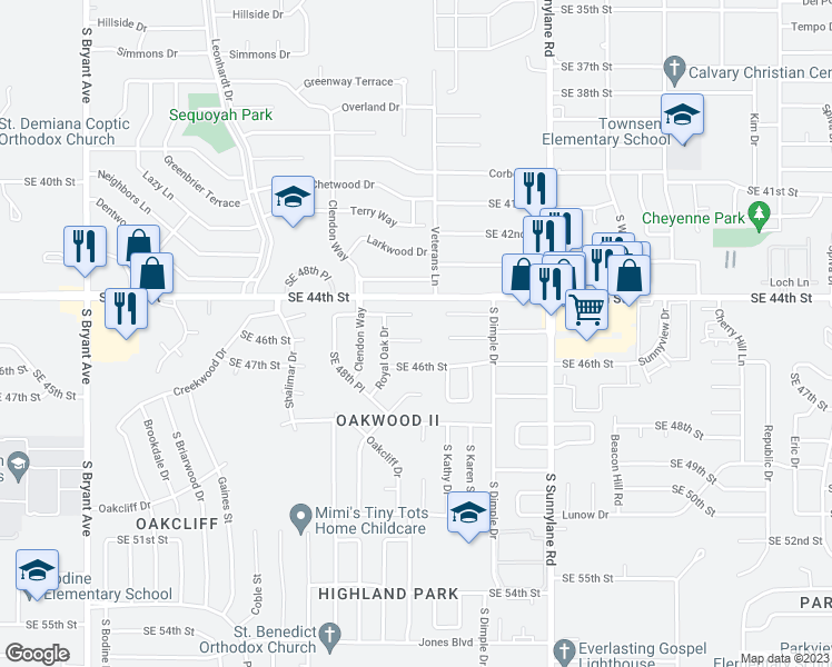 map of restaurants, bars, coffee shops, grocery stores, and more near 3909 Hiddleston Circle in Oklahoma City