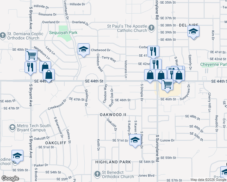 map of restaurants, bars, coffee shops, grocery stores, and more near 3817 Hiddleston Circle in Oklahoma City