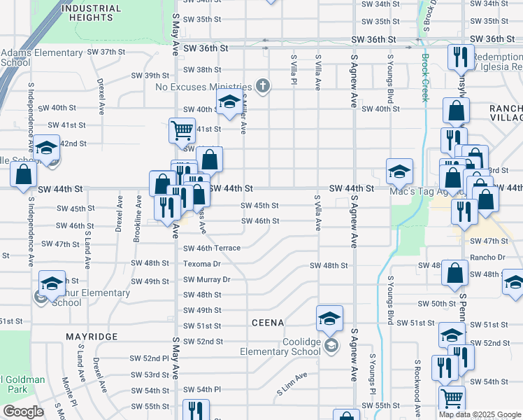 map of restaurants, bars, coffee shops, grocery stores, and more near 2632 Southwest 45th Street in Oklahoma City