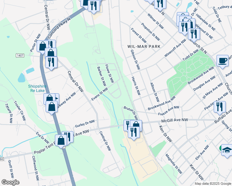 map of restaurants, bars, coffee shops, grocery stores, and more near 675 Magnolia Crossing Circle Northwest in Concord