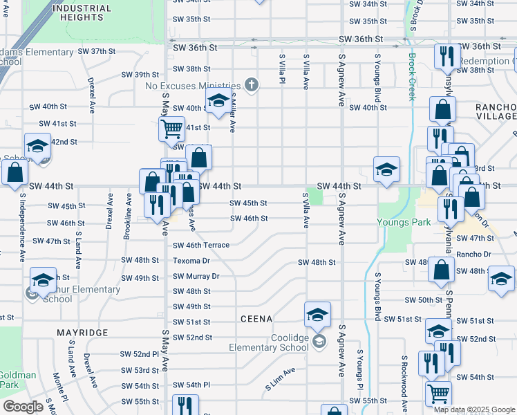map of restaurants, bars, coffee shops, grocery stores, and more near 2632 Southwest 45th Street in Oklahoma City