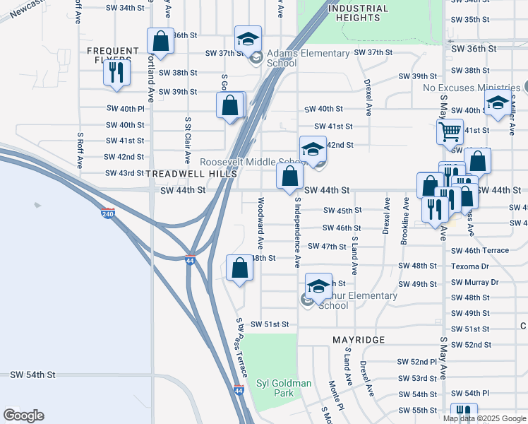 map of restaurants, bars, coffee shops, grocery stores, and more near 4514 Woodward Avenue in Oklahoma City