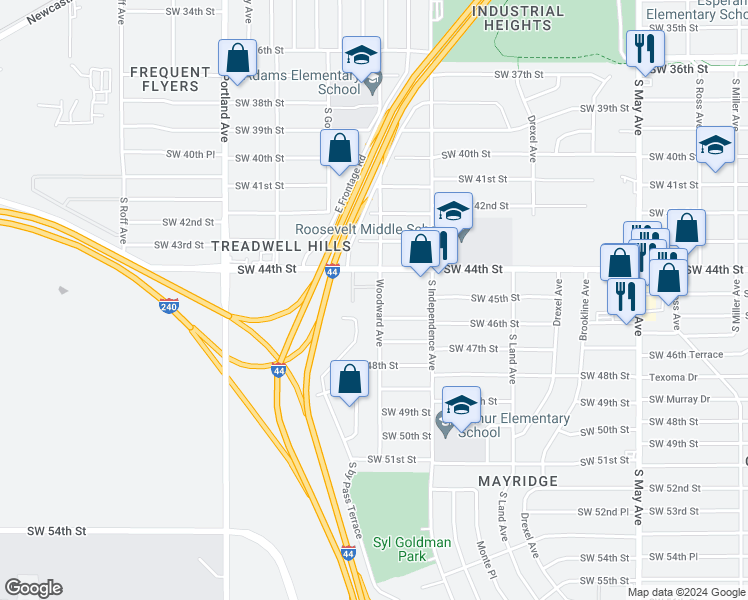 map of restaurants, bars, coffee shops, grocery stores, and more near 4523 Woodward Avenue in Oklahoma City