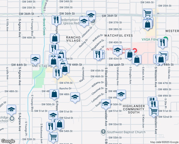 map of restaurants, bars, coffee shops, grocery stores, and more near 1424 Southwest 45th Street in Oklahoma City