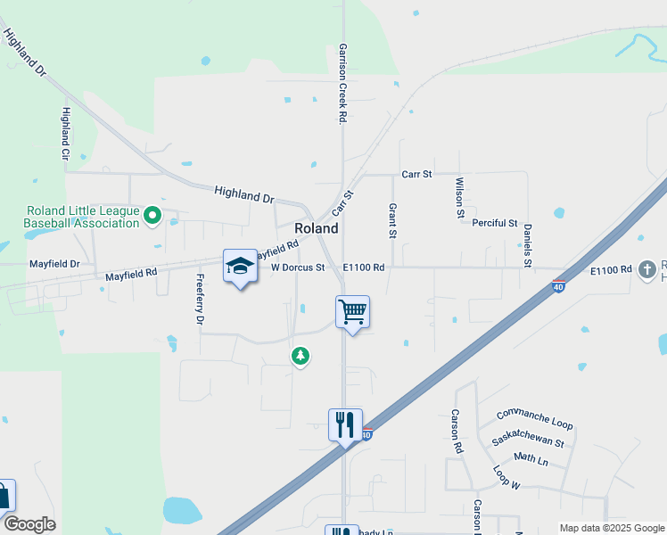 map of restaurants, bars, coffee shops, grocery stores, and more near 101 West Dorcus Street in Roland