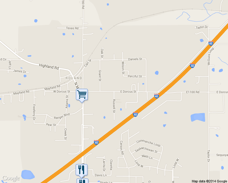 map of restaurants, bars, coffee shops, grocery stores, and more near 314 East Dorcus Street in Roland