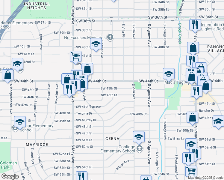 map of restaurants, bars, coffee shops, grocery stores, and more near 2632 Southwest 45th Street in Oklahoma City