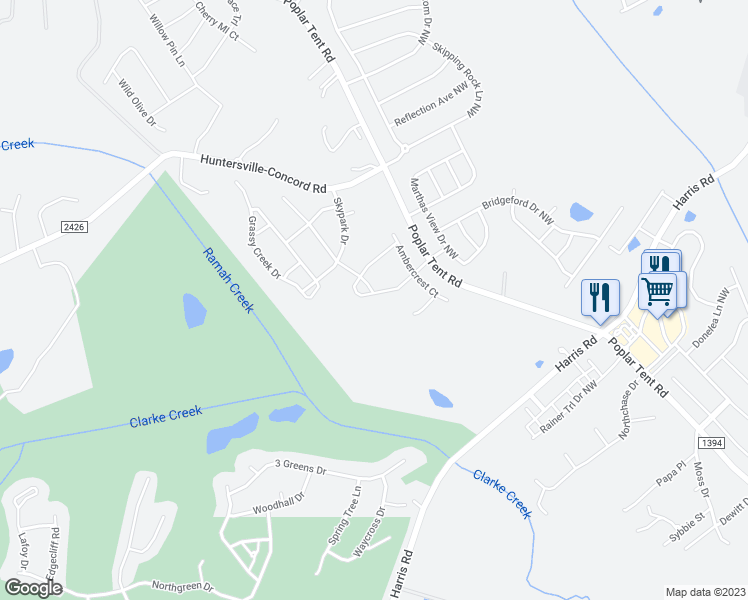 map of restaurants, bars, coffee shops, grocery stores, and more near 11345 Fullerton Place Northwest in Huntersville