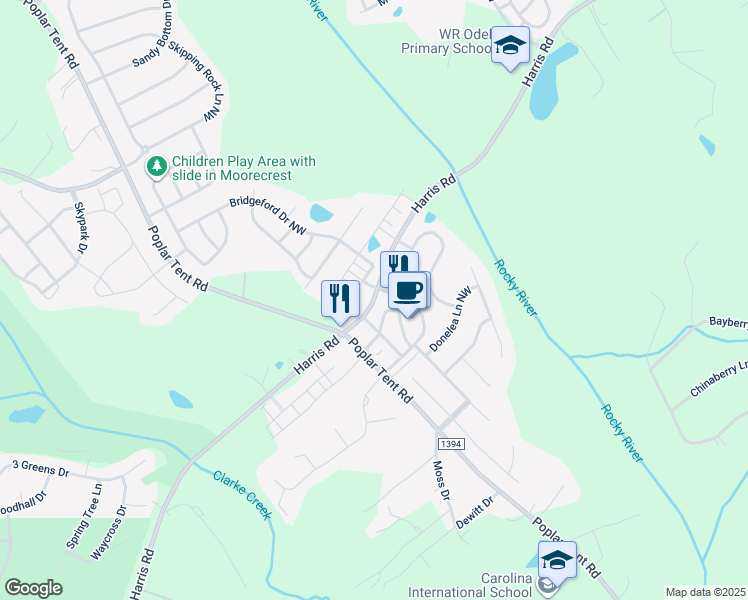 map of restaurants, bars, coffee shops, grocery stores, and more near 9952 Harris Road in Concord