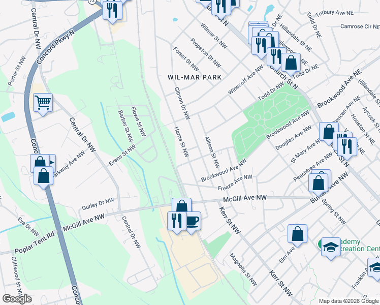map of restaurants, bars, coffee shops, grocery stores, and more near 555 Harris Street Northwest in Concord