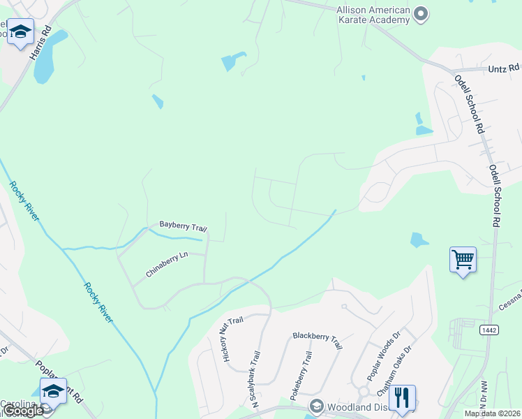 map of restaurants, bars, coffee shops, grocery stores, and more near 8710 Bayberry Trail in Concord
