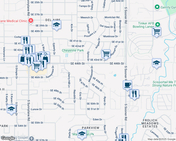 map of restaurants, bars, coffee shops, grocery stores, and more near 5020 Southeast 44th Street in Oklahoma City