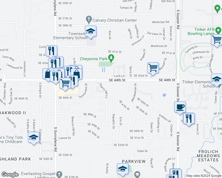 map of restaurants, bars, coffee shops, grocery stores, and more near 4500 Cherry Hill Lane in Oklahoma City