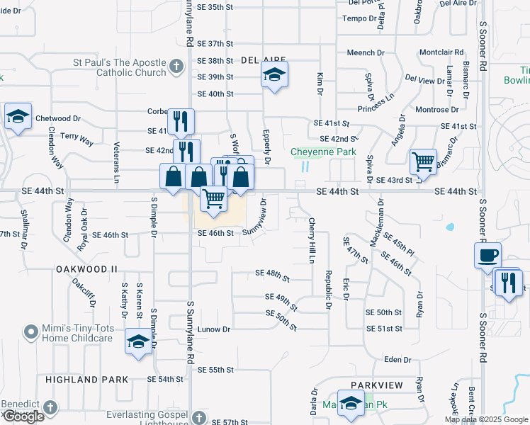 map of restaurants, bars, coffee shops, grocery stores, and more near 4515 Sunnyview Drive in Oklahoma City