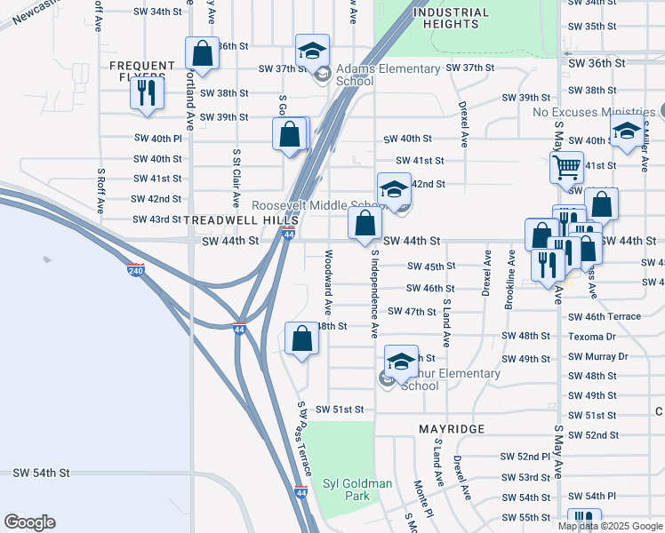 map of restaurants, bars, coffee shops, grocery stores, and more near 4514 Woodward Avenue in Oklahoma City