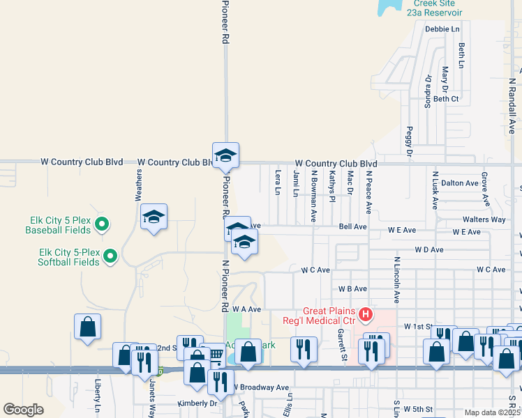 map of restaurants, bars, coffee shops, grocery stores, and more near 905 Lera Lane in Elk City