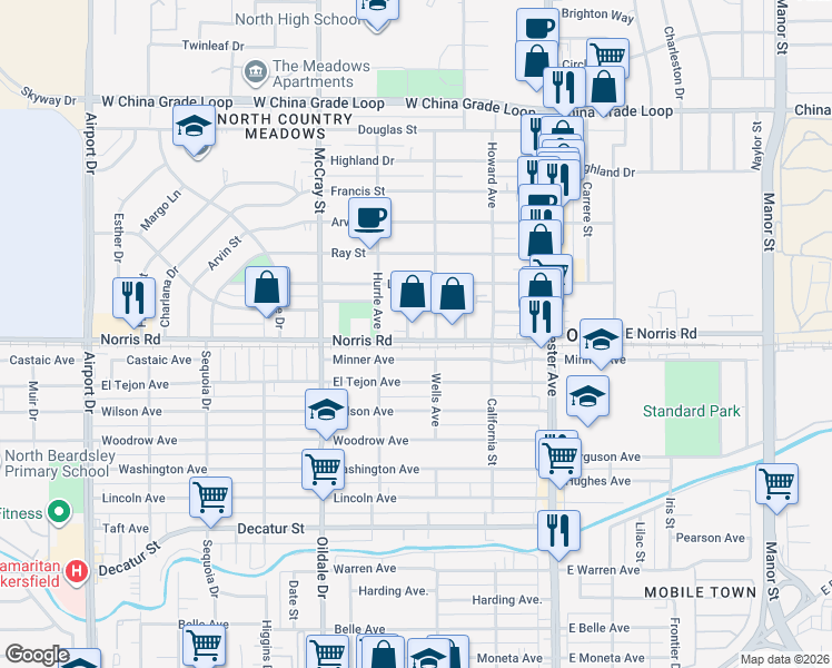 map of restaurants, bars, coffee shops, grocery stores, and more near 316 Norris Road in Bakersfield